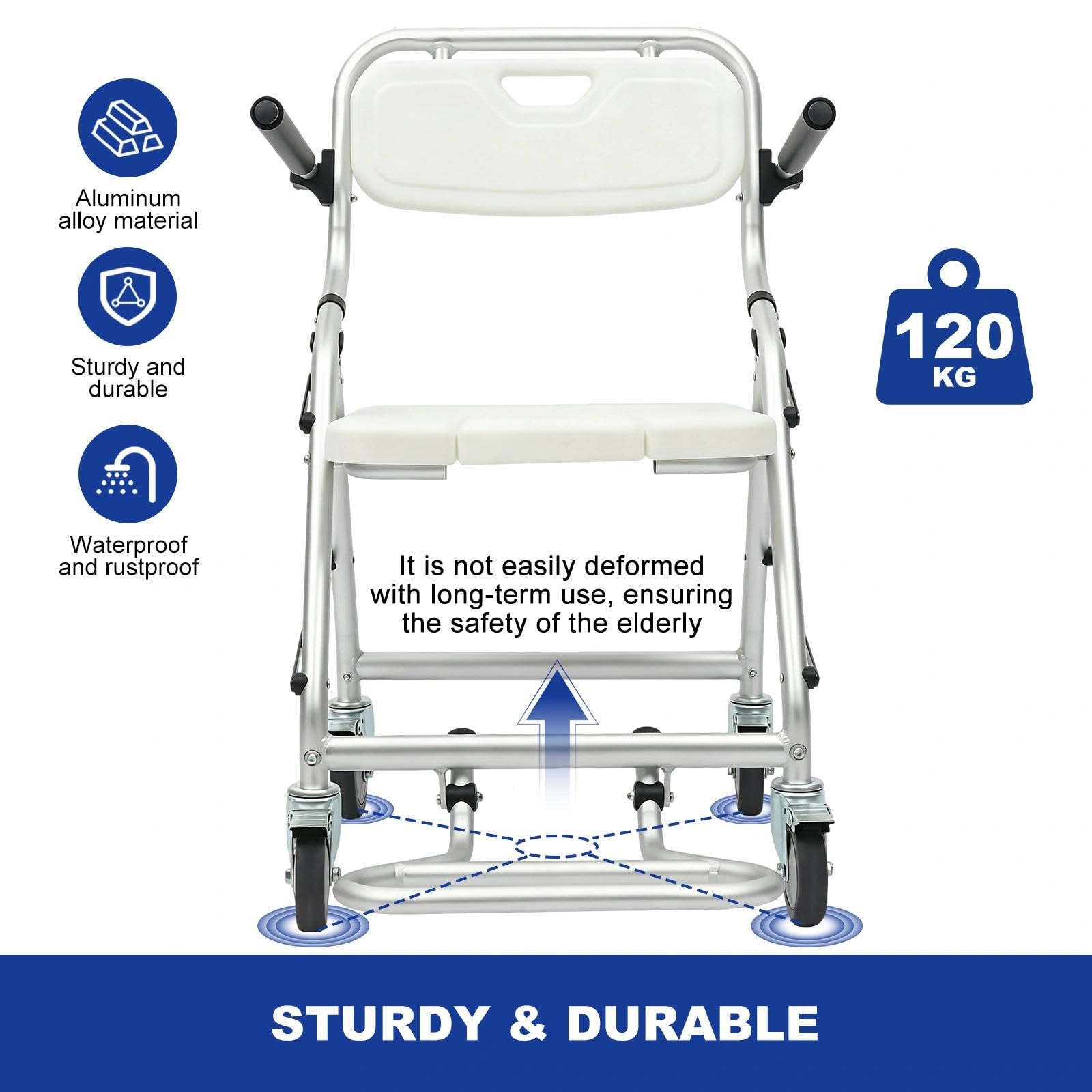 Silla de Ducha con Ruedas Plegable Aluminio, Capacidad de Carga 120kg