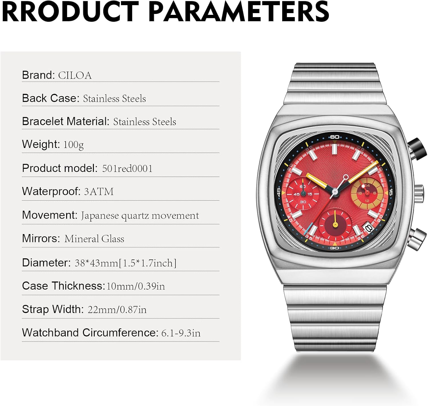 CILOA Mens Watches Chronograph Stainless Steel Waterproof Date Analog Business Fashion Wristwatch for Men