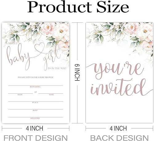 Miniatura 2 de Invitaciones de baby shower para niñas, Sweet Girl is On The Way Baby Shower, suministros de decoración de invitaciones de fiesta floral, tarjetas