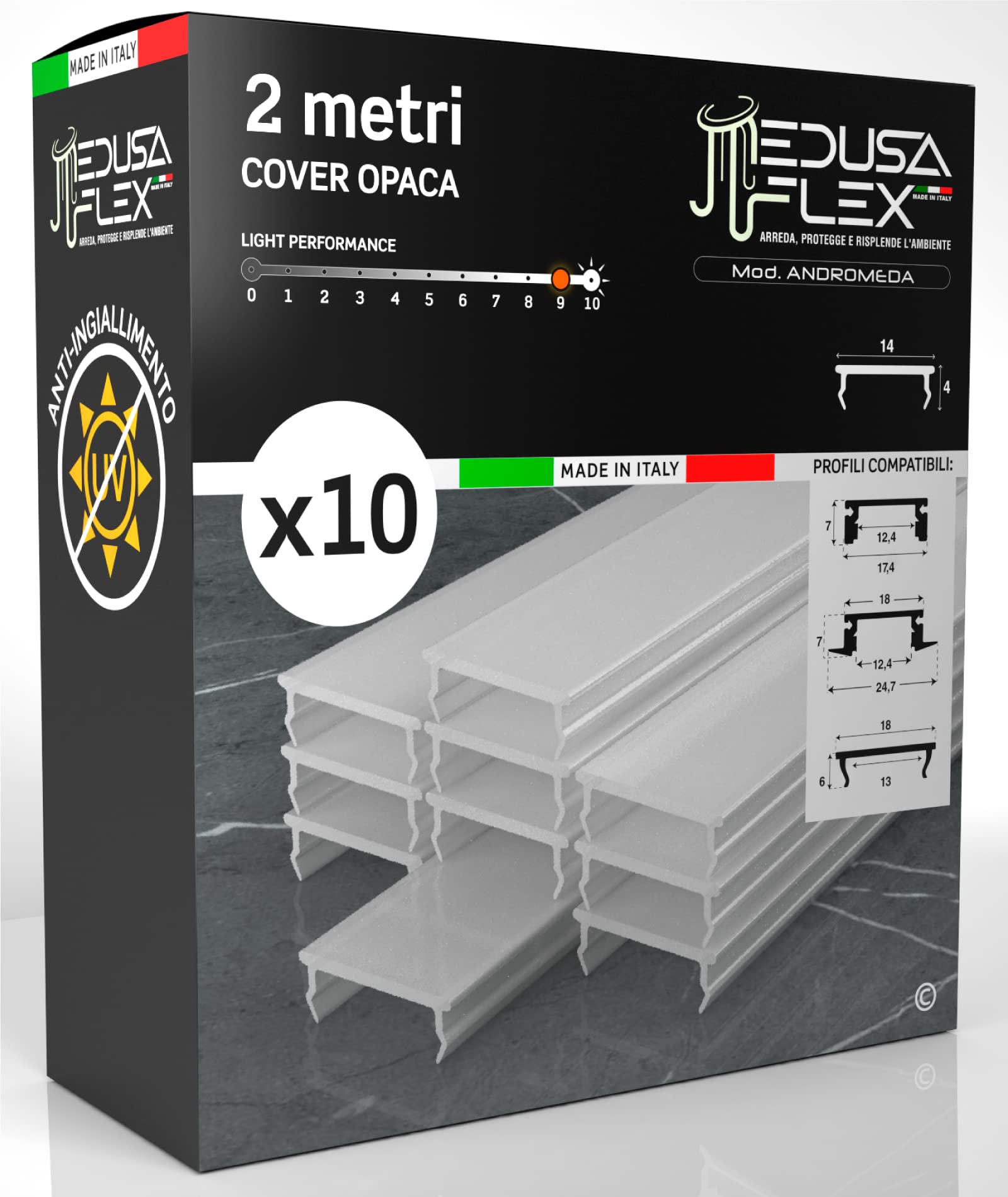 Schermo per Profilo alluminio per Strisce LED MEDUSAFLEX mod. Andromeda 2 Metri - Opaca - Made in Italy in Policarbonato stabilizzato UV e certificata UL94HB - Pacco da 10 (20m)