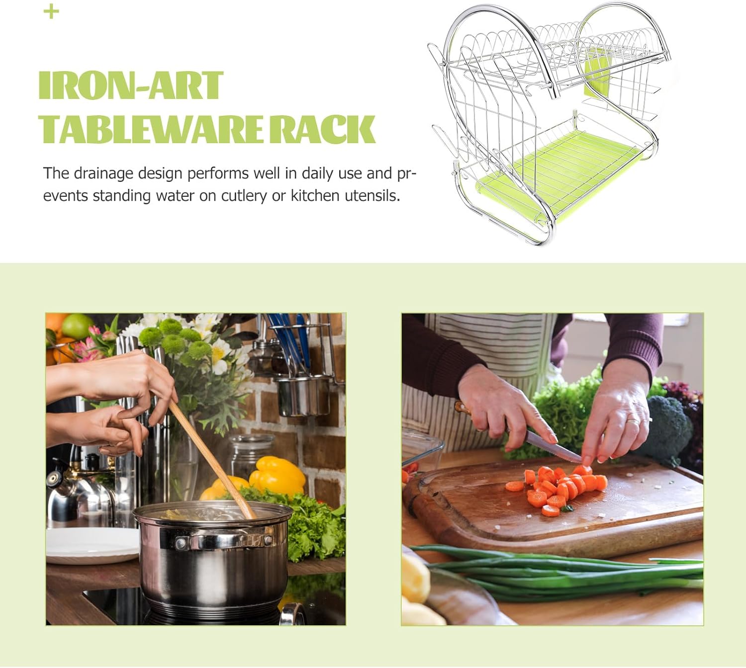 Double-Layer Dish Rack with Single Tray Kitchen Utensils Holder Iron Tableware Drying Organizer Green for Apartment Sink Counter Storage