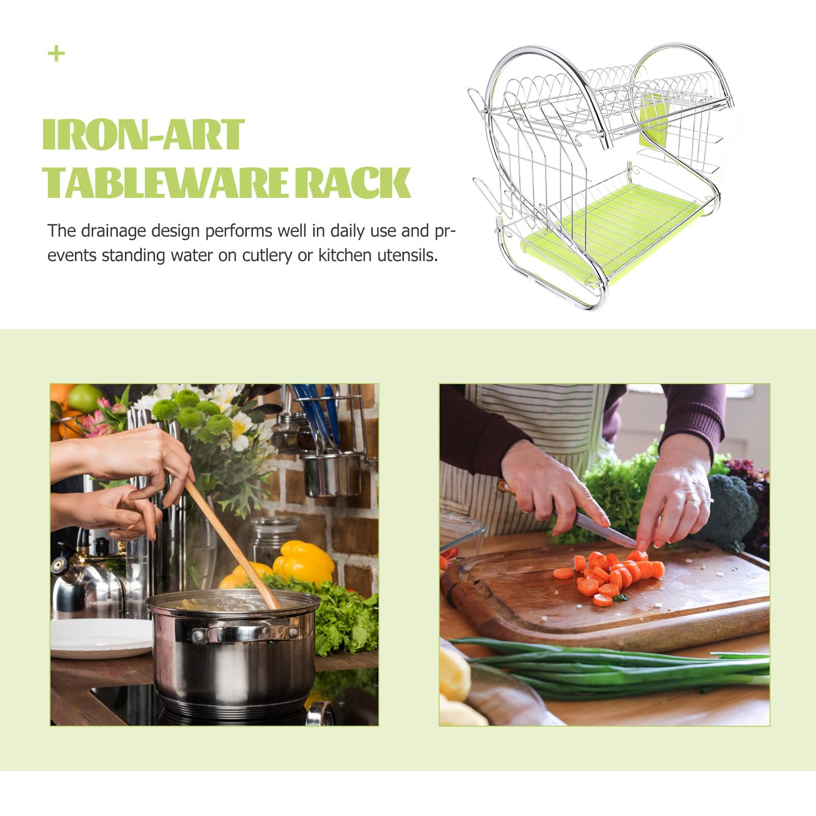 SUPVOX Égouttoir à Vaisselle Double Couche en Métal Vert Porte-ustensiles Intégré et Système de Drainage Pratique Cuisine, Hôtels et Restaurants
