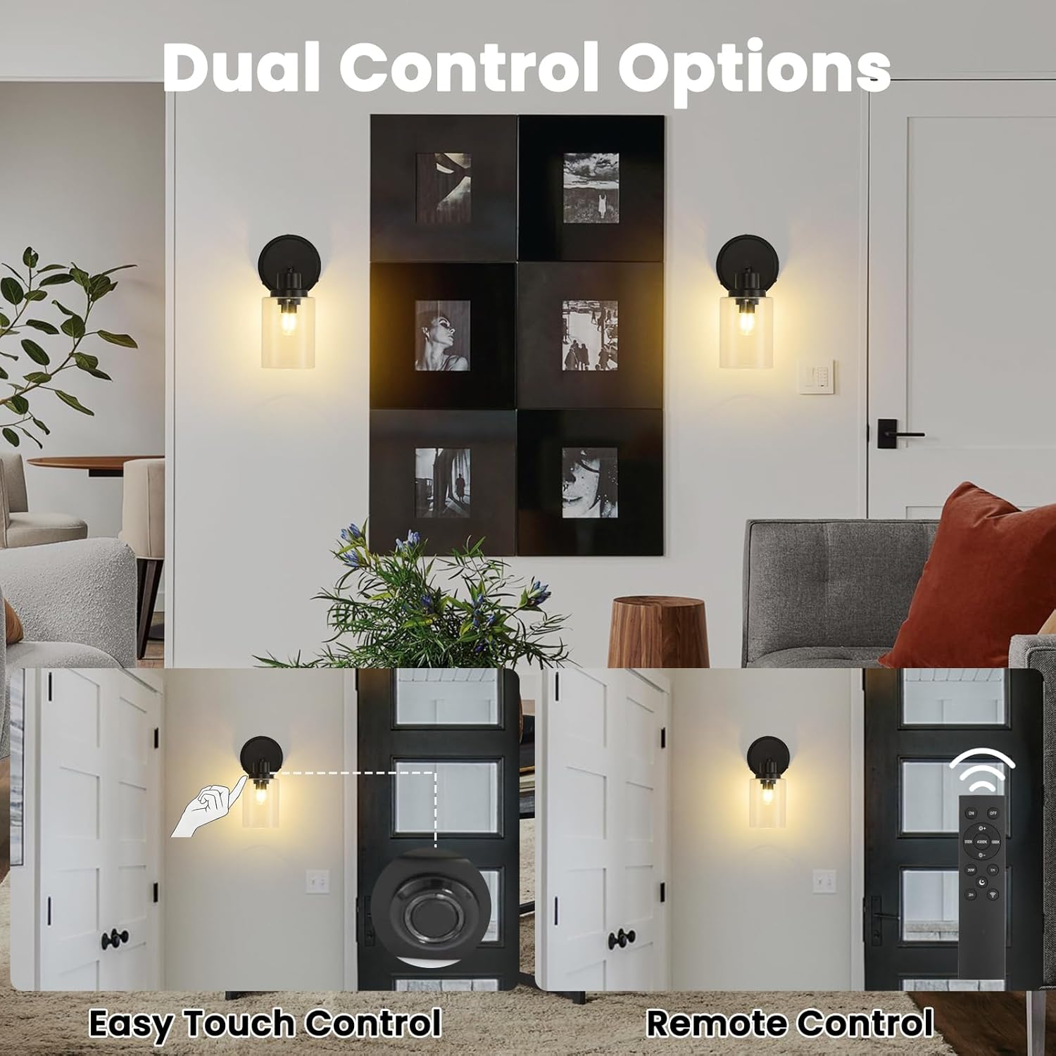 Black Rechargeable Wall Sconces Set of two, Bathroom Vanity Lights with Transparent glass Lampshade, Remote and Dimmable Bulb, Modern Farmhouse Lighting Fixtures for Bedrooms, Hallways, Living Room