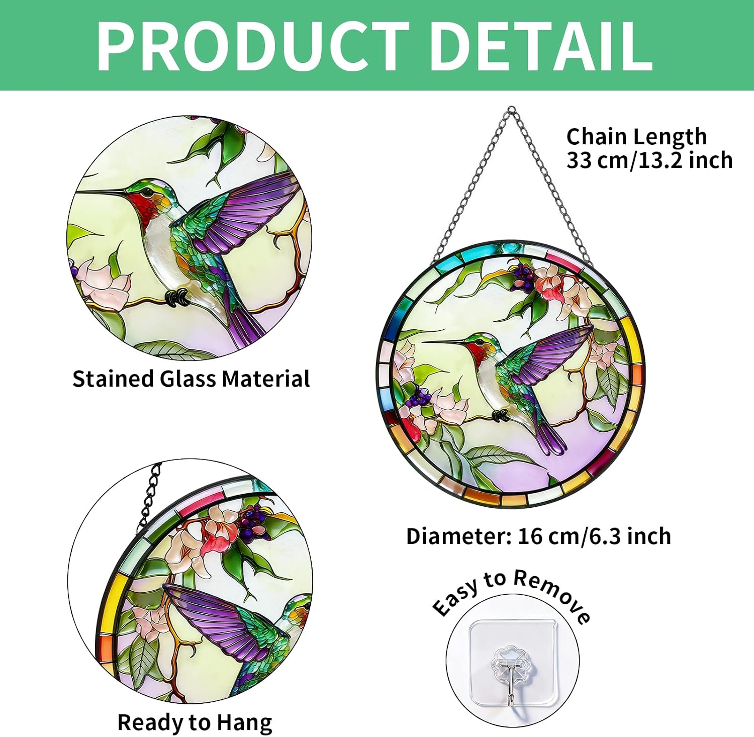 Stained Glass Window Hanging, 2pcs Colorful Birds Sun Catcher Glass Panel, Hummingbird Suncatcher Stained Glass Window Hanging, for Birthday for Women, Men, Wife, Aunt, and Mom,6.3in/16cm