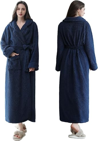 Oksun Womens Fluffy Fleece Robe Shawl Collar Bathrobe with Piped Trim