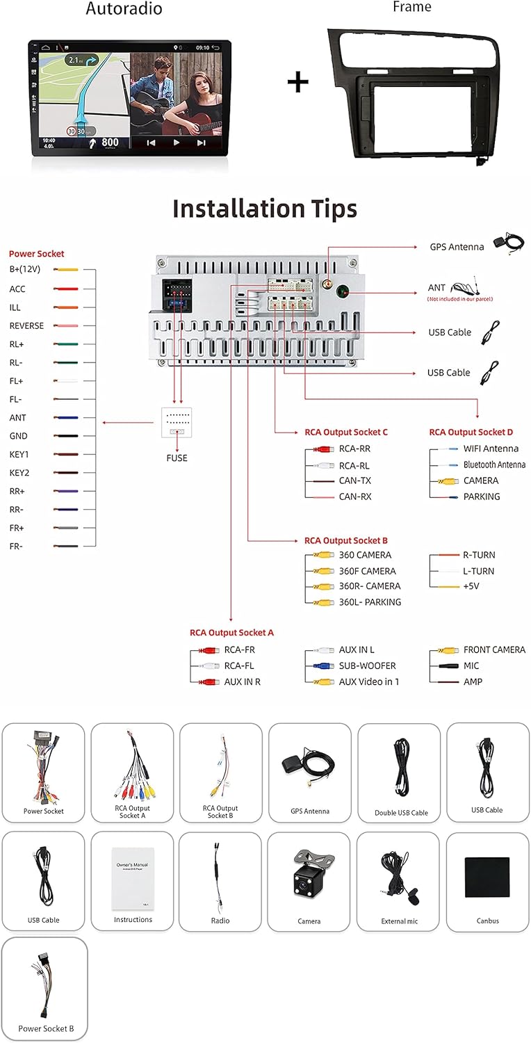 Diagram showing the wiring connections and included accessories for the BXLIYER car radio.