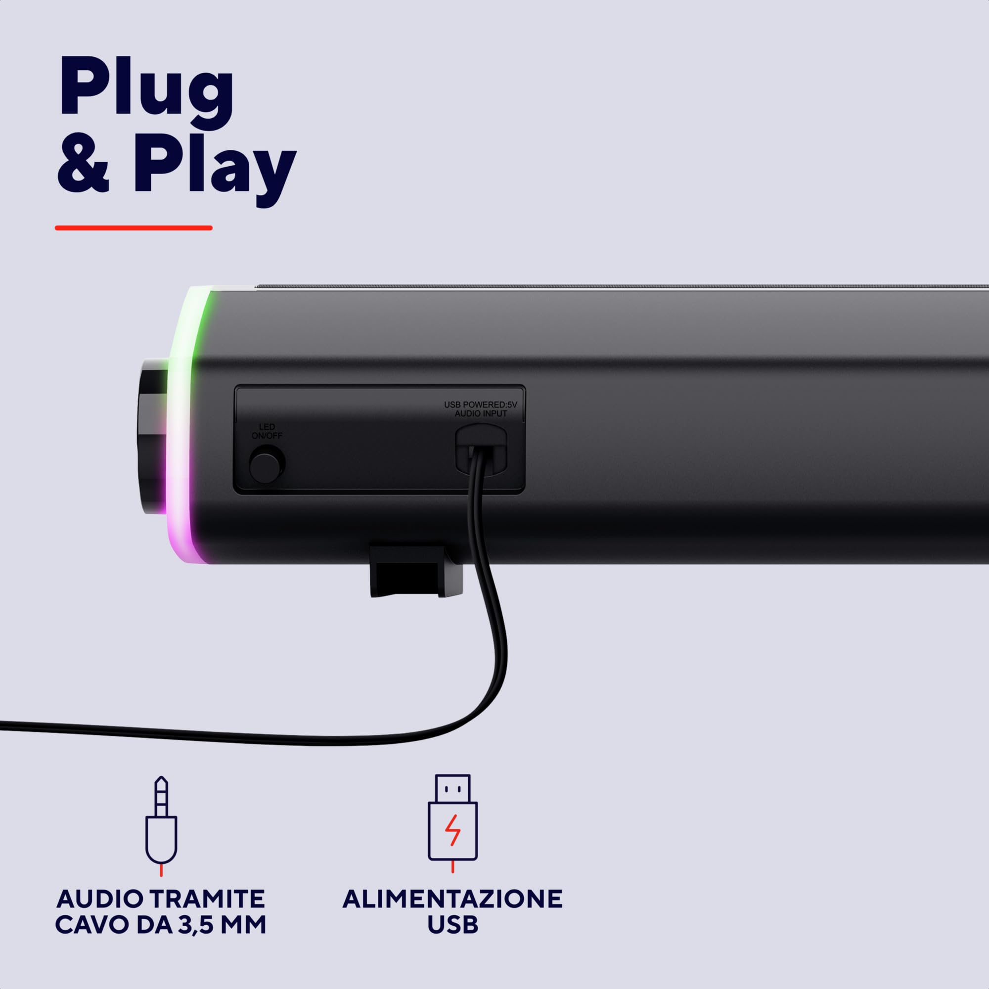 Trust Liro Soundbar PC 12W, Stereo Speaker con Illuminazione LED RGB, Sound Bar Jack AUX 3.5 mm, Casse PC con Alimentazione USB, Altoparlanti per PC Laptop Desktop Tablet Smartphone TV, Nero