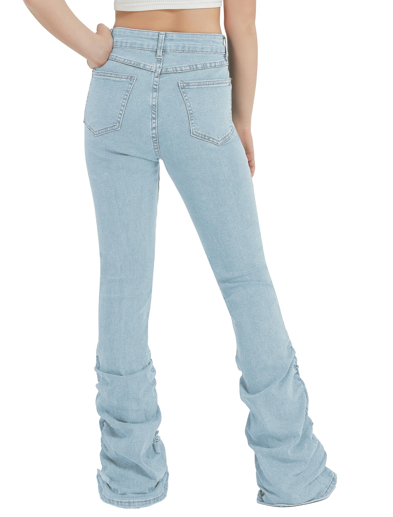 EXARUS Jeans svasati impilati a vita alta in denim con fondo a campana Bootcut casual per bambini pantaloni ruch con tasche 8-14 anni