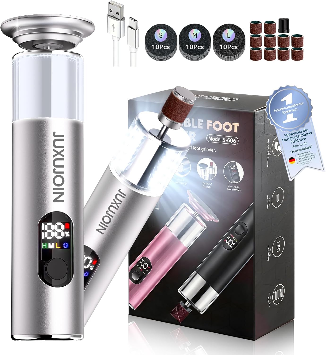 Electric Foot Callus Remover,Rechargeable Electric Callus Remover for Feet【Variable 3-Speed & LED Light】【Removes 99.92% of Calluses】 Portable Foot File Pedicure Kits with 30 Grit Pads-Silver