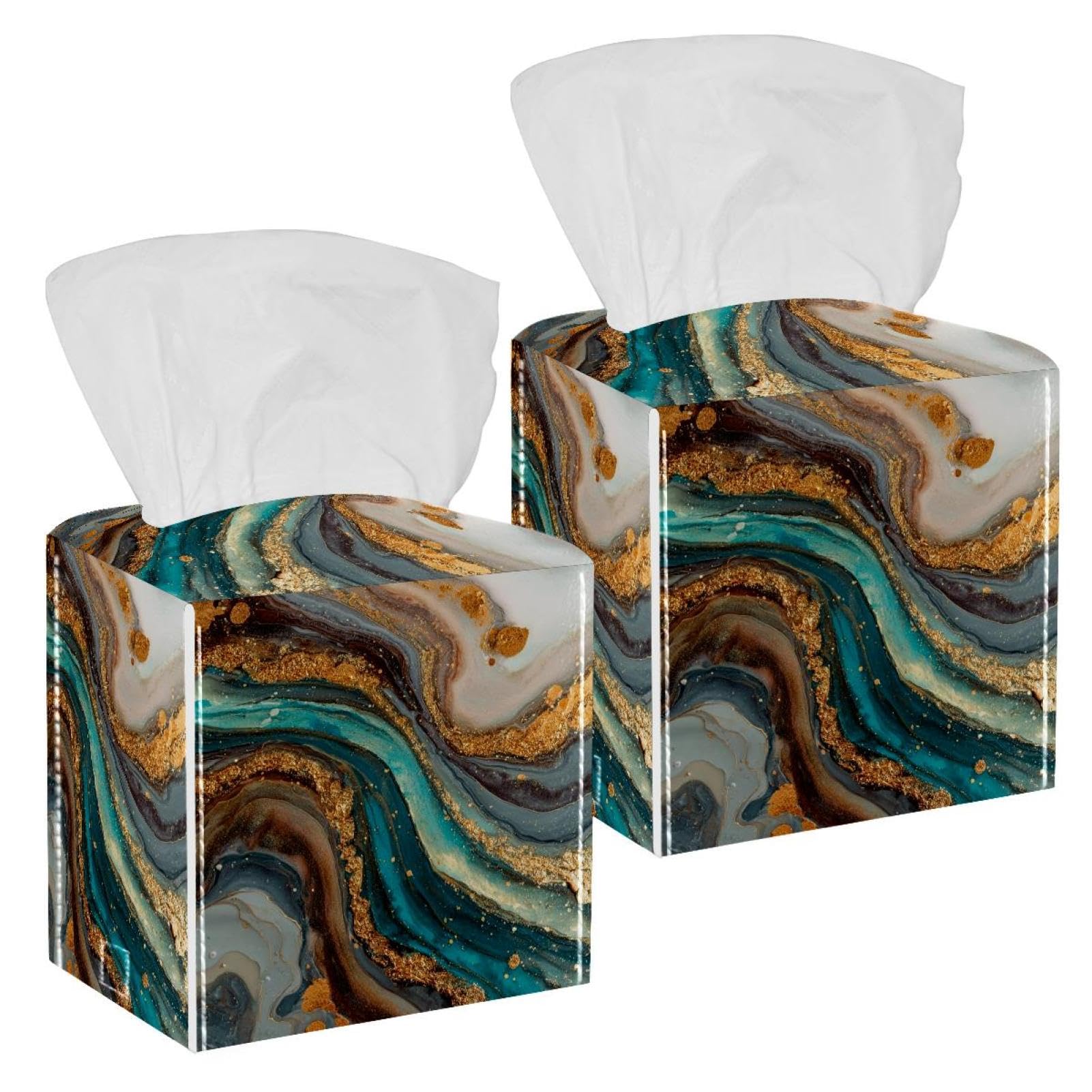 Marble Texture Tissue Box Cover, 2 Pack PU Leather Square Facial Tissue Dispenser Box holder for Home Office Car