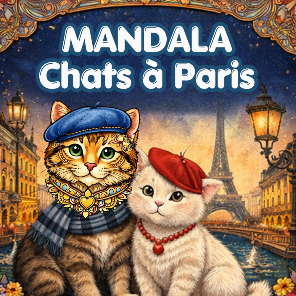 Mandala Chats à Paris: Un adorable et relaxant livre de coloriage pour adultes, avec 59 illustrations de chats dans des motifs de style mandala inspirés de Paris.
