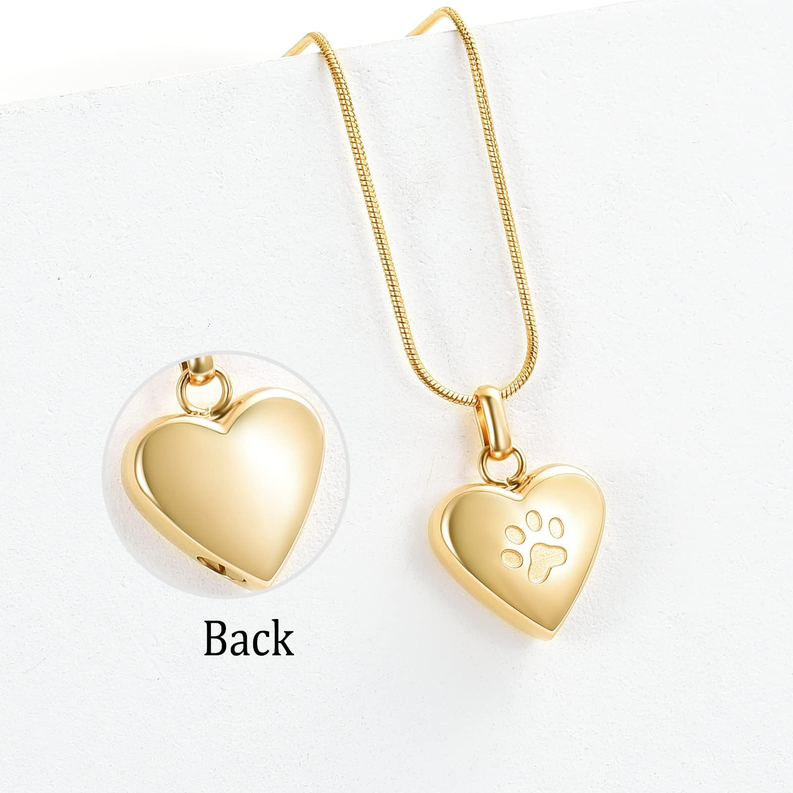 Pet Cremation Jewelry - Paw Print & Heart Urn Pendant Necklace Memorial Keepsake for Dog's & Cat's Ashes, Gold, 0.78 inch by 0.78 inch - Image 4