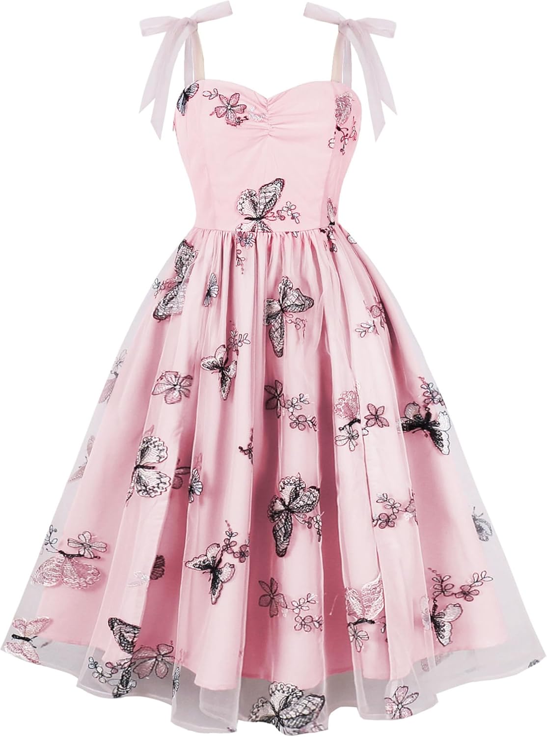 ODIZLI Butterfly Sleeve Dress for Women 1950s Retro Vintage Dress Sleeveless Tie Strap Embroidered Dress - Image 7