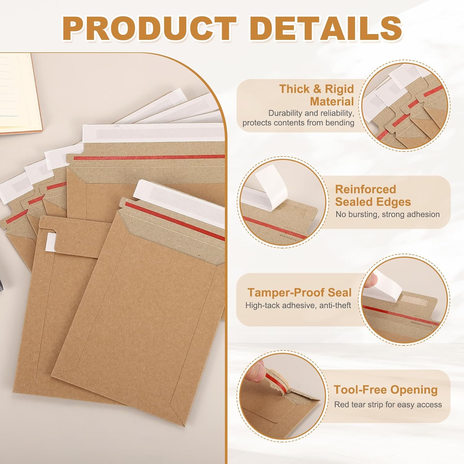PATIKIL Cardboard Envelopes, (10" x 6.42", Brown) (100Pcs), Rigid Mailers Self Seal Photo Document Mailers Stay Flat Shipping Envelopes, Suit for CD/Photos/Documents/Pictures/Papers/Files