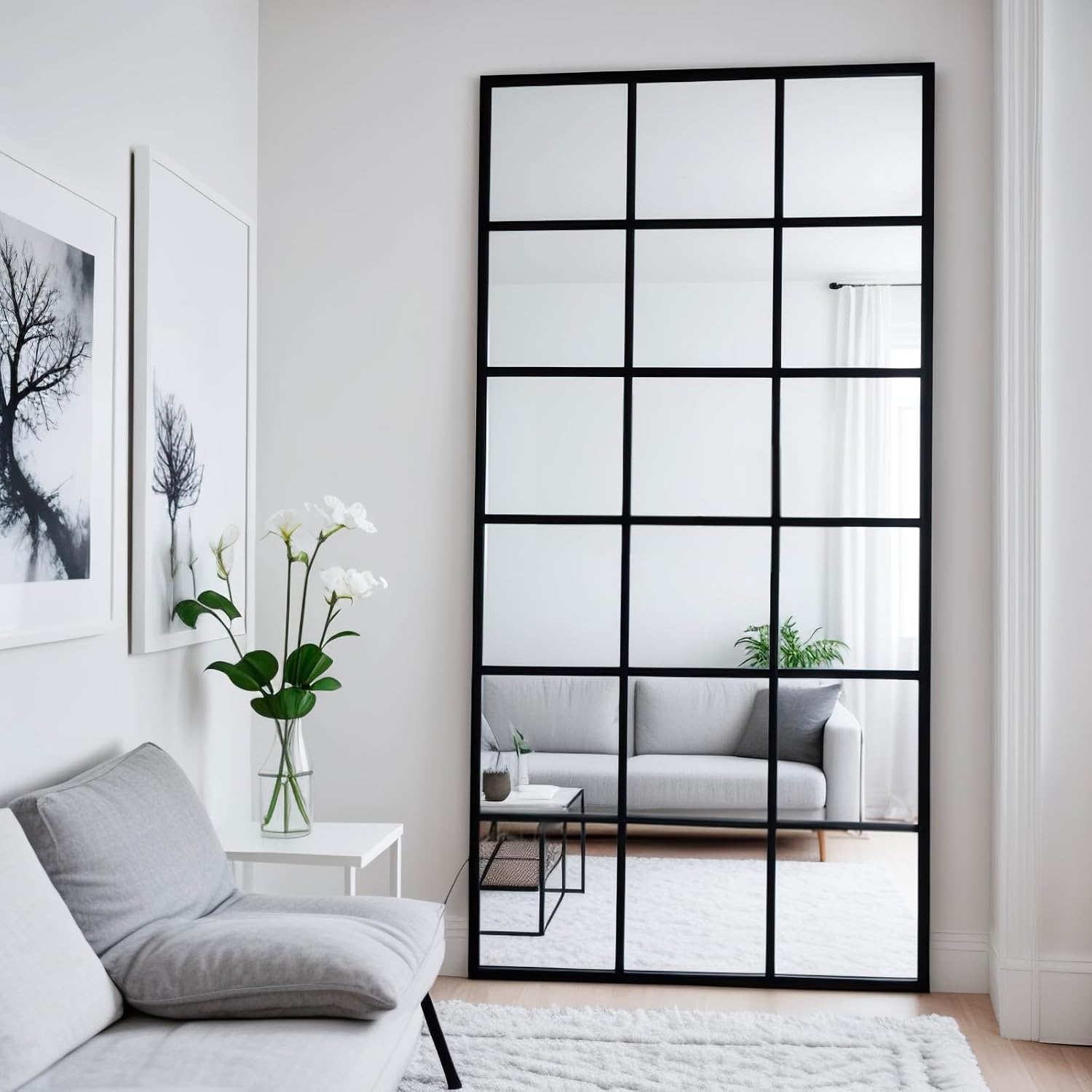 sawsile Window Pane Full Length Mirror,71"x 32" Black Arch Floor Standing Farmhouse Windowpane Oversize Full Body Large Grid Wall Mirror for Bathroom,Bedroom, Living Room, Entryway