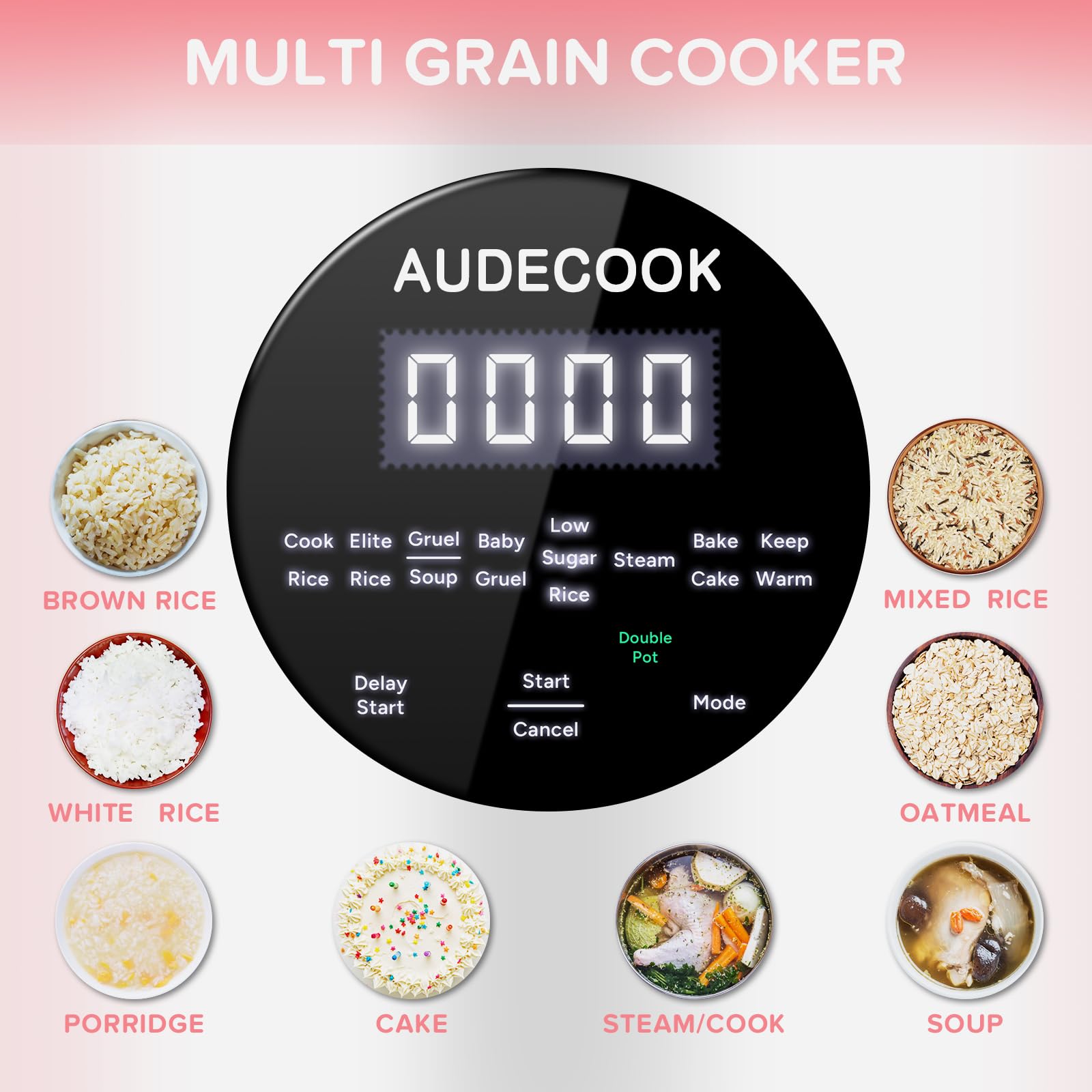 Audecook Kuchenka do ryżu 1,5 l z funkcją niskiego węgla i parownikiem, 7-funkcyjna mini kuchenka do ryżu, cyfrowy multicooker, timer, utrzymywanie ciepła na ekranie LED (biały)