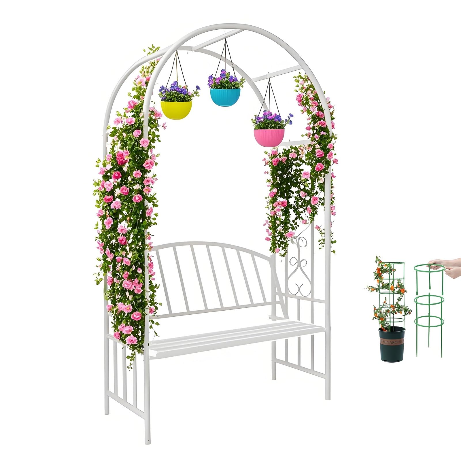Arche de jardin blanche avec treillis pour plantes et banc