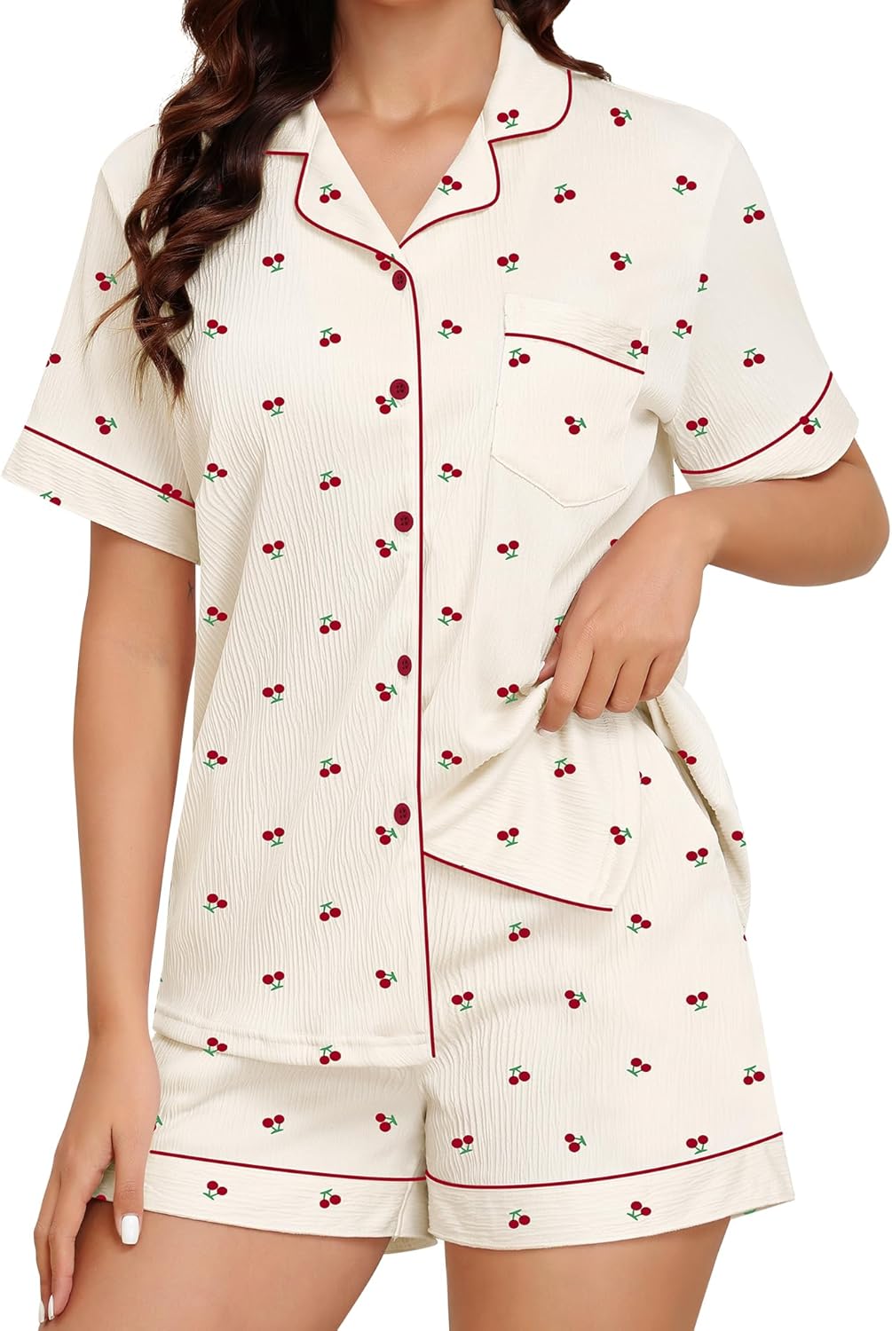 SWOMOG Women 2 Piece Pajamas Sets Short Sleeve Sleepwear Printed Pj Sets Button Down Shirt with Classic Shorts Set S-XXL