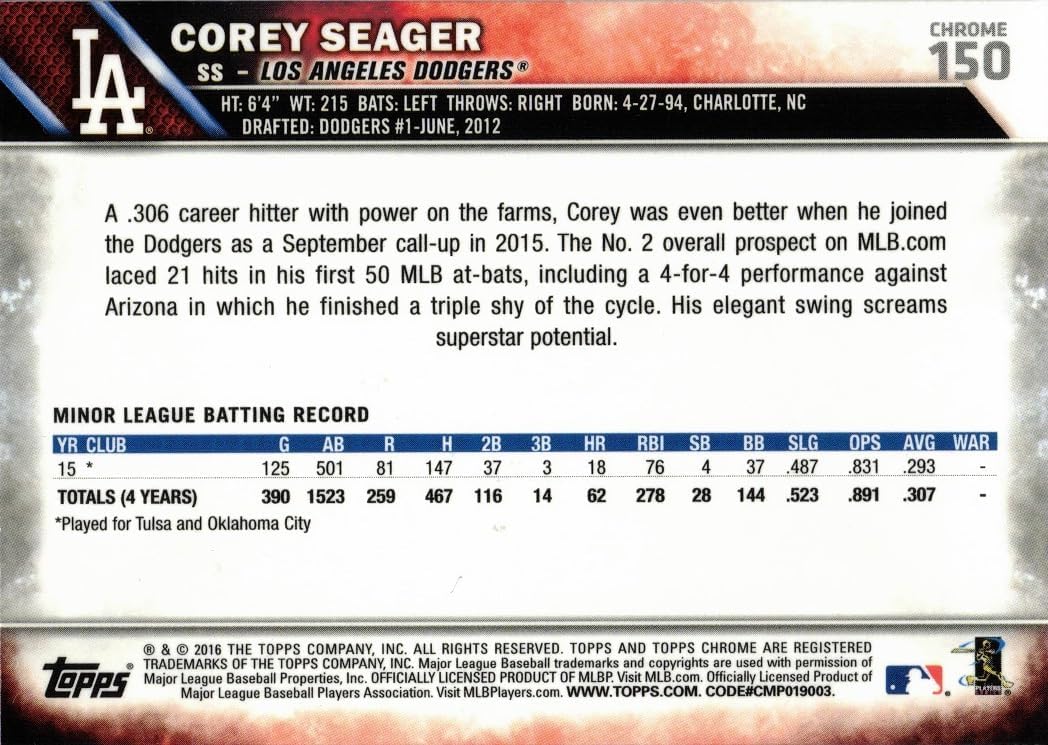 2016 Topps Chrome Pink Refractor Baseball #150 Corey Seager Rookie Card