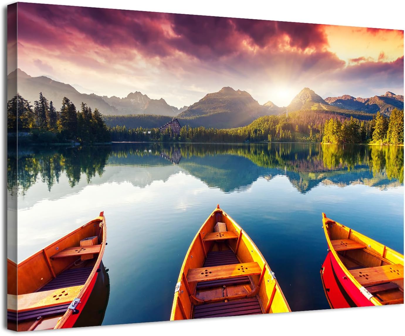 AIYISU Sunset Mountain Wall Art Shoreside Boat on the Lake Pictures Wall Decor Sunrise Lake Landscape Canvas Prints Modern Nature Scenery Nordic Scenic Artwork for Living Room Home Decoration 30x40cm