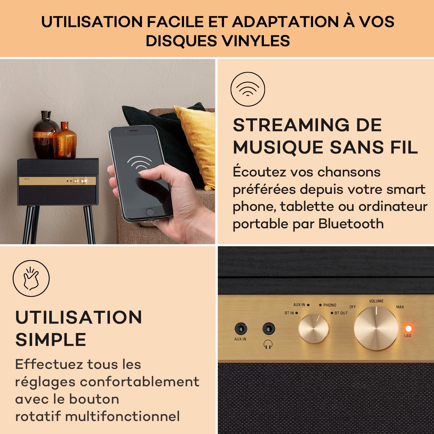 Auna Tourne-disque vinyle pour vinyles avec haut-parleurs, lecteurs de disques audio domestiques, émetteur et récepteur Bluetooth rétro vintage, systèmes stéréo