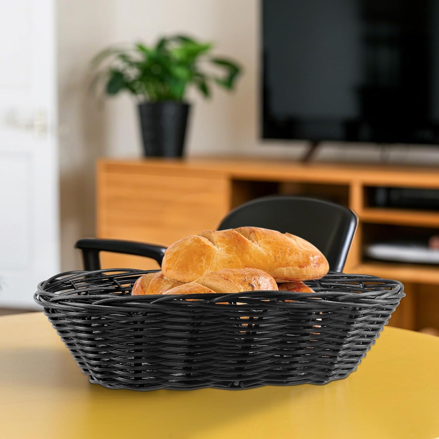 20 Pack 9 x 6 x 2.4 Inch Black Wicker Bread Basket, Woven Oval Plastic Basket Serving Baskets, Empty Woven Baskets for Storing Food, Bread, Fruits, Vegetables