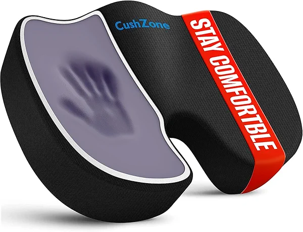 CushZone Seat Cushion for Office Chair, Car Seat, Airplane, Bleacher & Wheelchair, Ergonomic Memory Foam, Non-Slip Chair Pad, Office Desk Accessories for Back/Tailbone/Sciatica Pain Relief (Black)