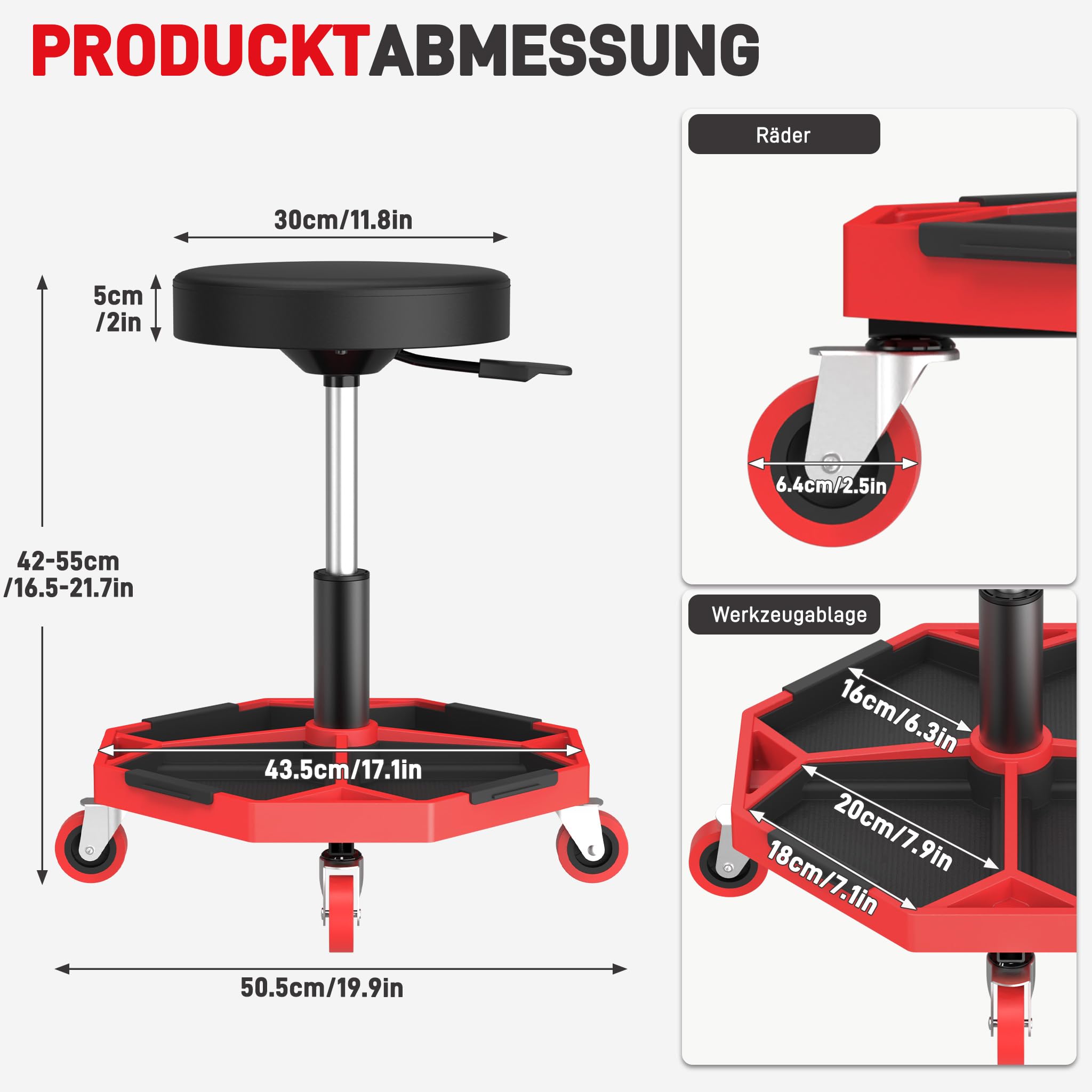 XMTECH Taboret warsztatowy z kółkami, regulacja wysokości, 150 kg, półka na