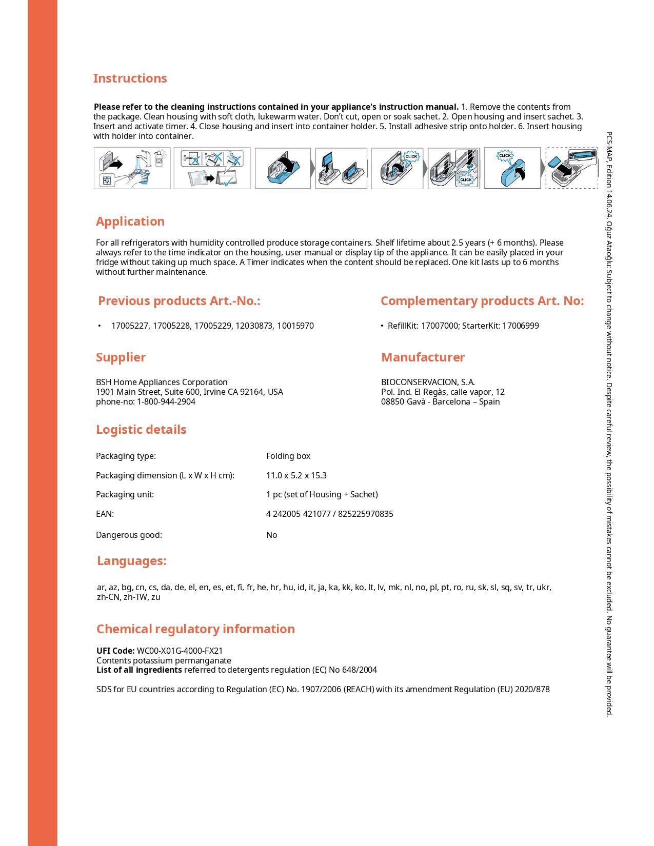 Kit Avviamento Fresh Protect con Ricarica e Panno Microfibra – Filtro Assorbitore Gas Etilene per Frutta e Verdura – Mantiene Freschezza al Frigorifero compatibile con Bosch Siemens Neff