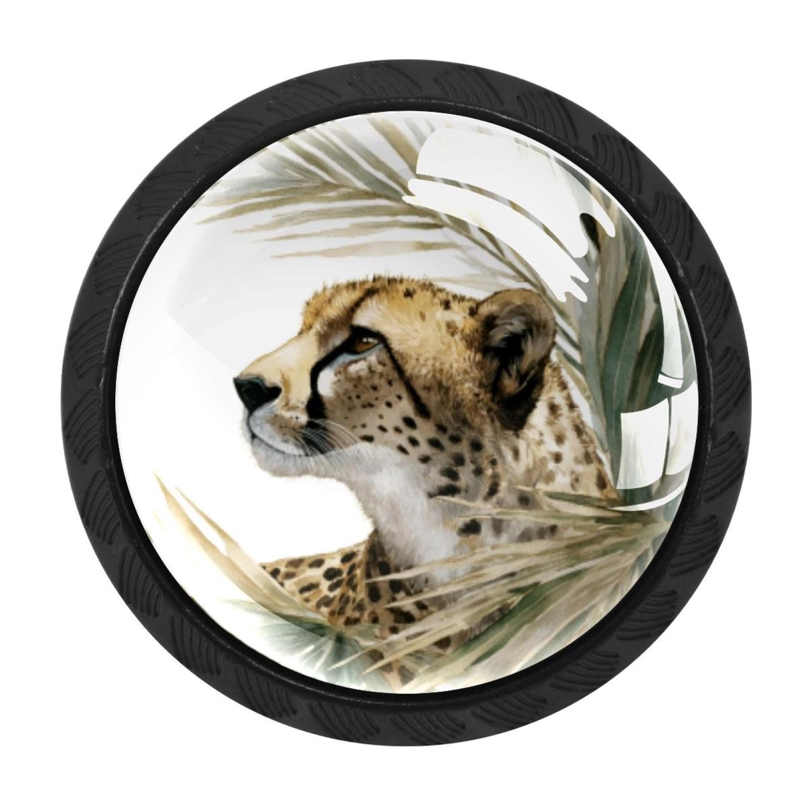 CHENZZZZ 4 Pack Cheetah and Palm Leaves Dresser Drawer Cabinet Knobs Black Round Drawer Knob Pull Handle with Screws for Kitchen Wardrobe Cupboard Furniture Decor
