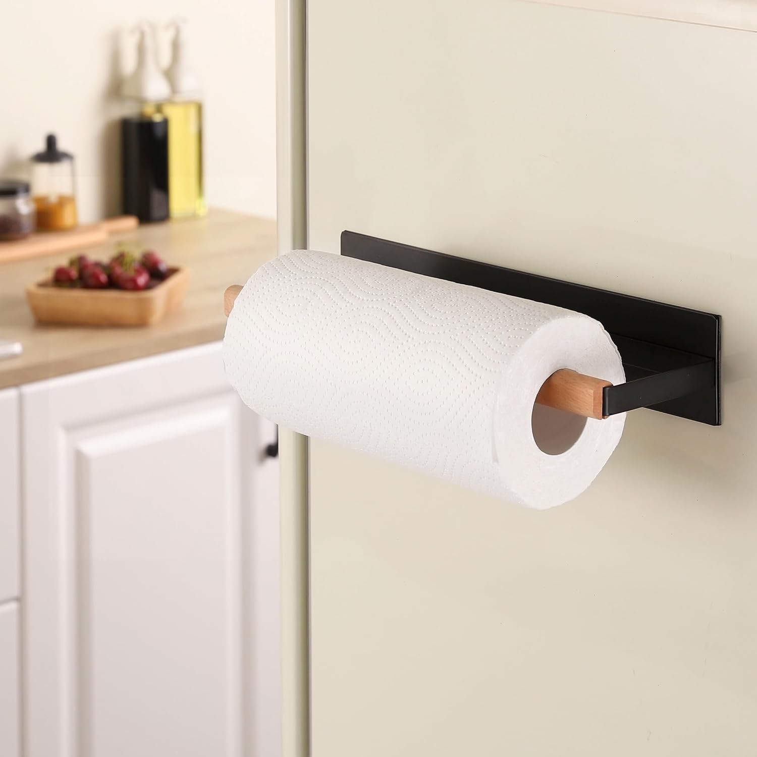 KES Magnetic Paper Towel Holder, Black Paper Towel Holder for Refrigerator, Wood & Metal Paper Towel Roll Holder for Grill, KPH502MA-BK