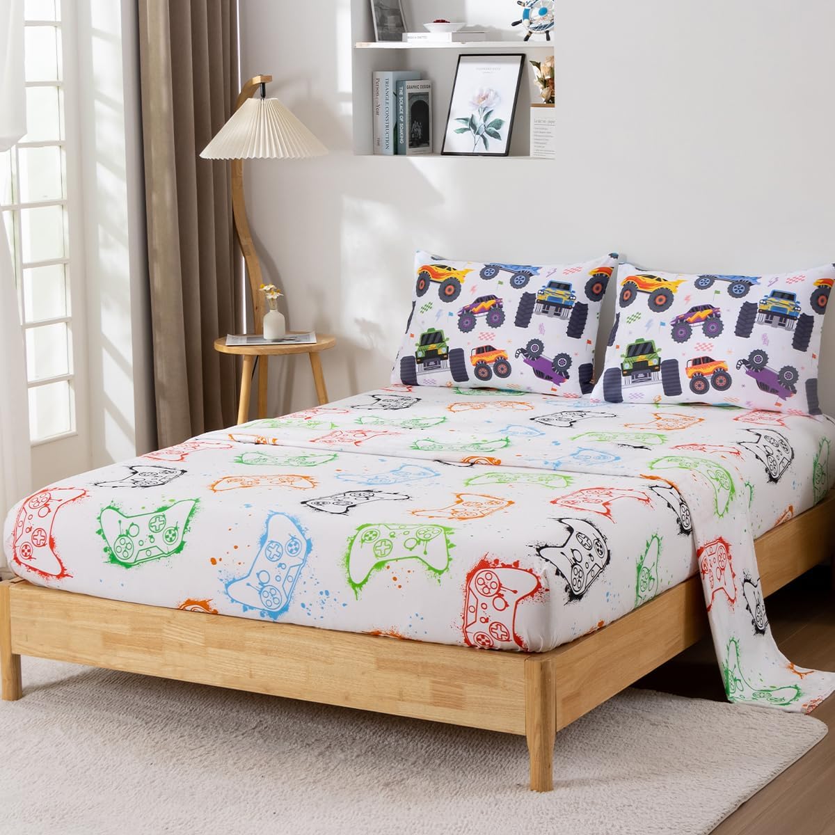 Holawakaka Boys Twin Size Off-Road Racing Truck Print Bedding Comforter Set with Sheets, Cartoon Race Trucks Printed Bed in A Bag 5 Pieces Kids Teen-Boys Cars Dorm Reversible Bed Sets,Multi