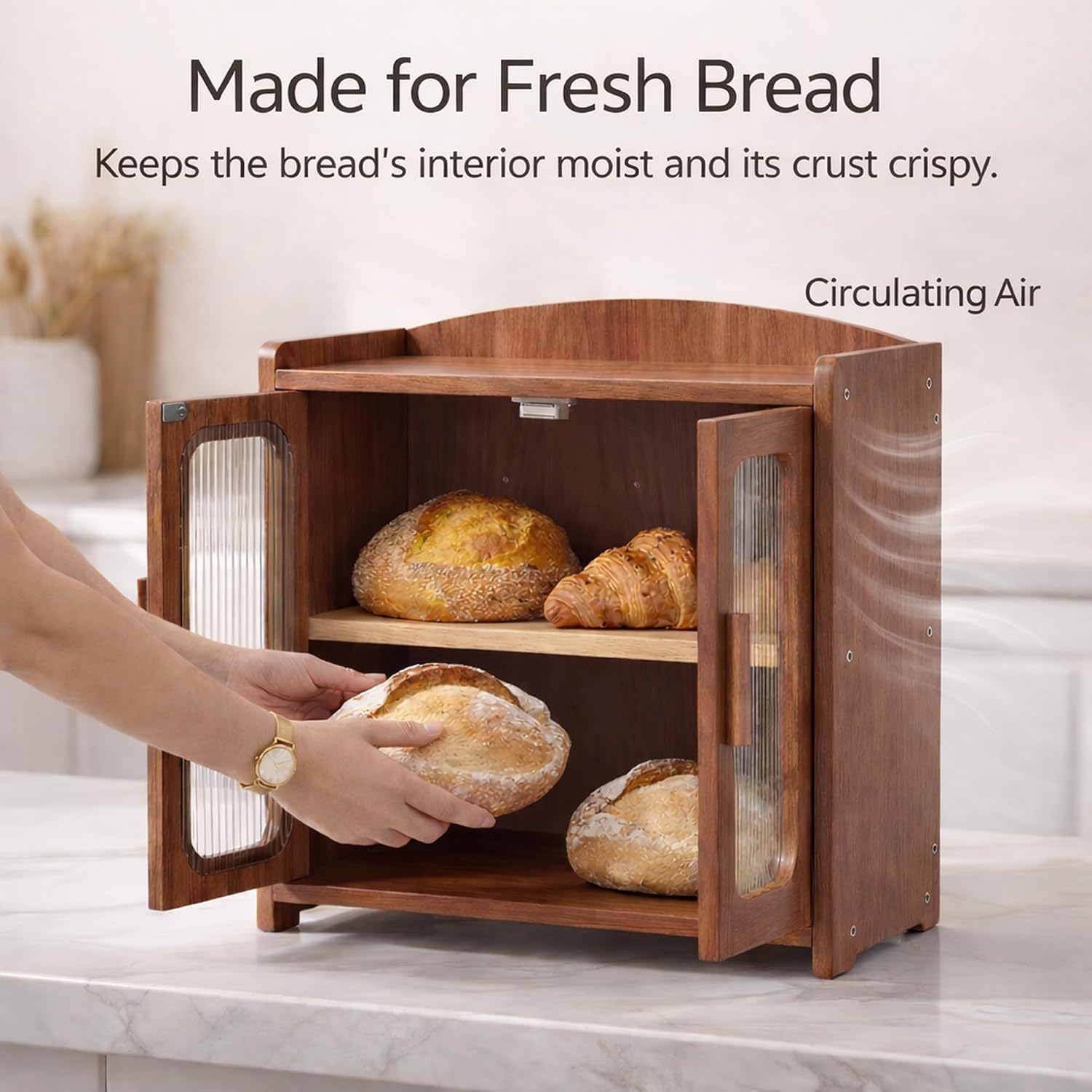 Premium Solid Wood Bread Box for Kitchen Countertop, Large Capacity 2 Tier Wooden Bread Box for Homemade Bread, Sourdough Bread and Bagels, Modern Chestnut Brown