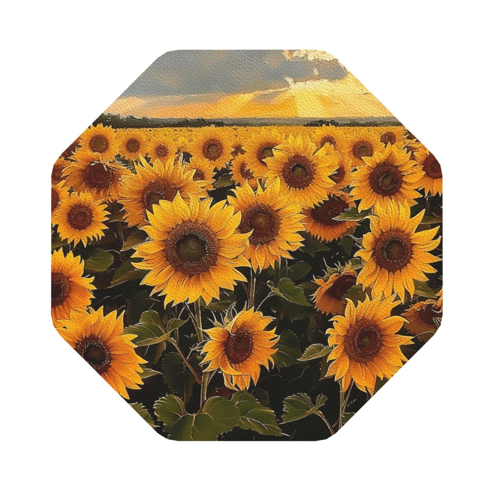 Sunflowers Print Leather Coaster Set of 6, Octagon Coasters Table Decorative Coffee Cup Beverage Coasters Wine Beer Bar Coasters for Hot Drinks Table Protection