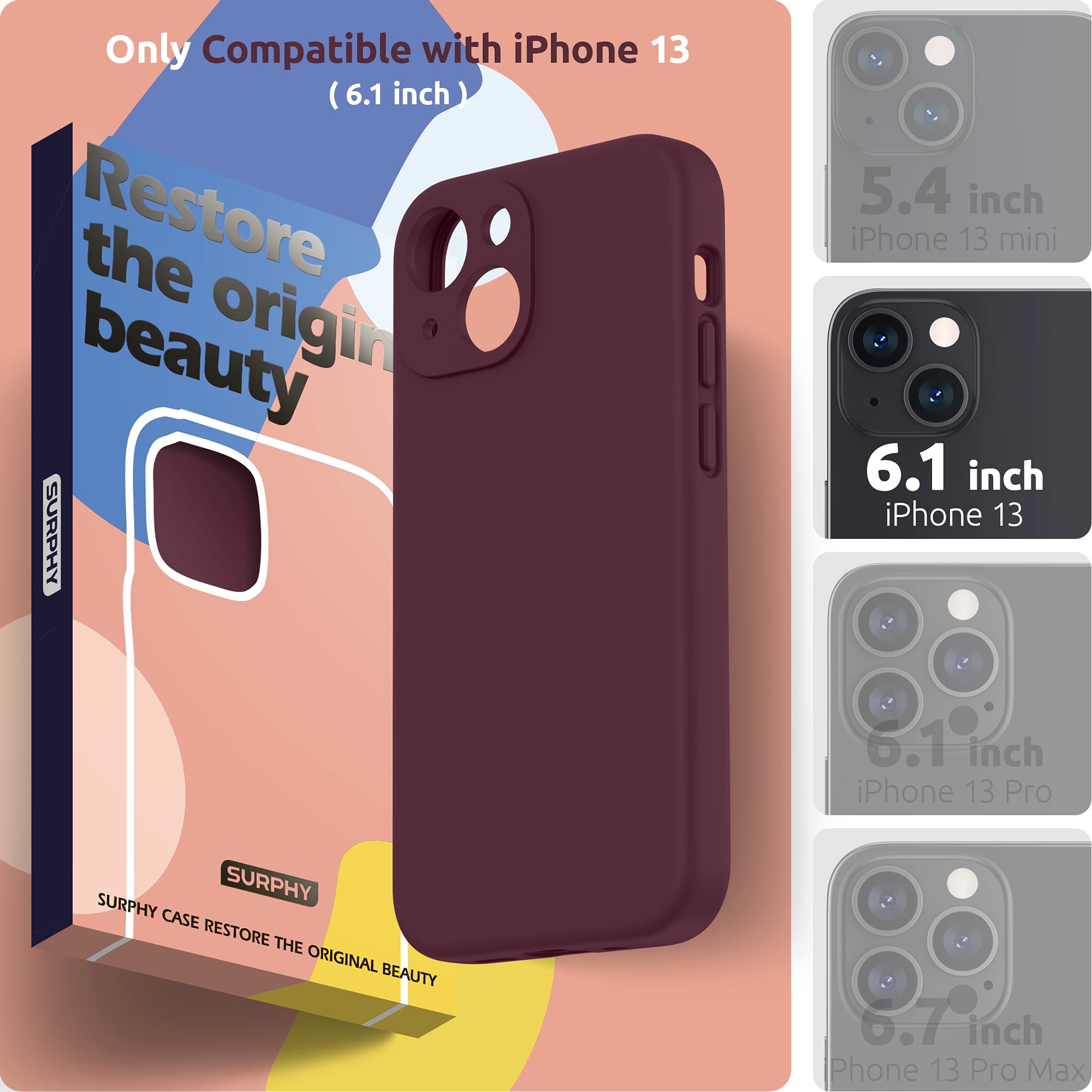 SURPHY Cover per iPhone 13 con Vetro Temperato (6,1"), Custodia per iphone 13 Silicone con Protezione Fotocamera, case protezione Completa,Antiurto, Morbida Microfibra Antigraffio,Prugna