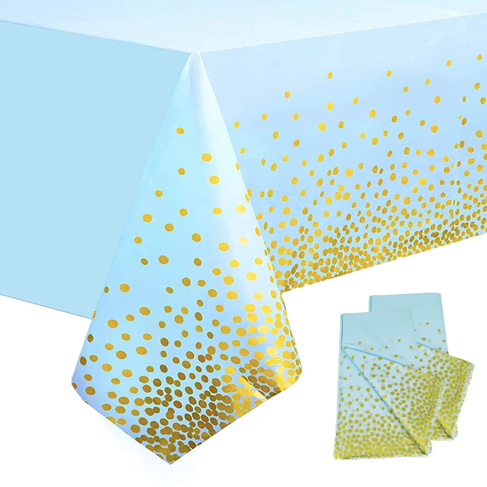 2Pcs Disposable Baby Blue Gold Dot Confetti Party Table Cloth 54 * 108 inch Large Plastic Waterproof Table Cover Rectangular Tablecloth for Birthday,Baby Shower,Wedding,Picnic,Party Decoration