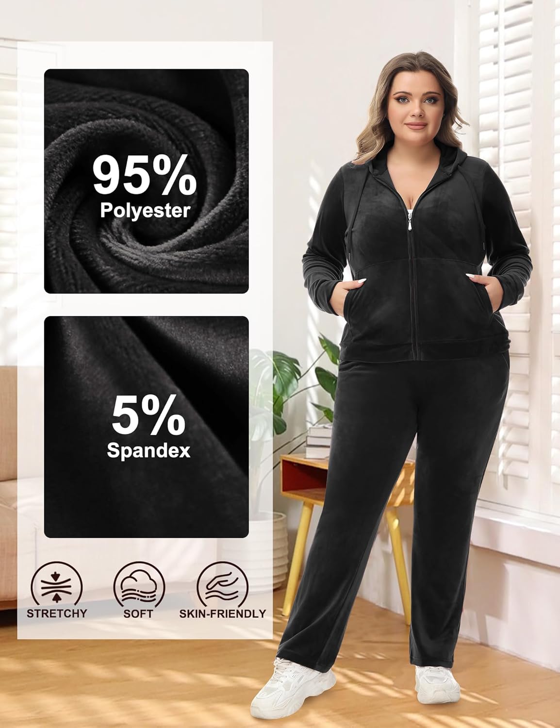 ROYAL MATRIX Women's Velour Tracksuit, 2 Pieces Full Zip Velour Sweatsuits Hooded Jogging Lounge Velvet Outfits Set - Image 4