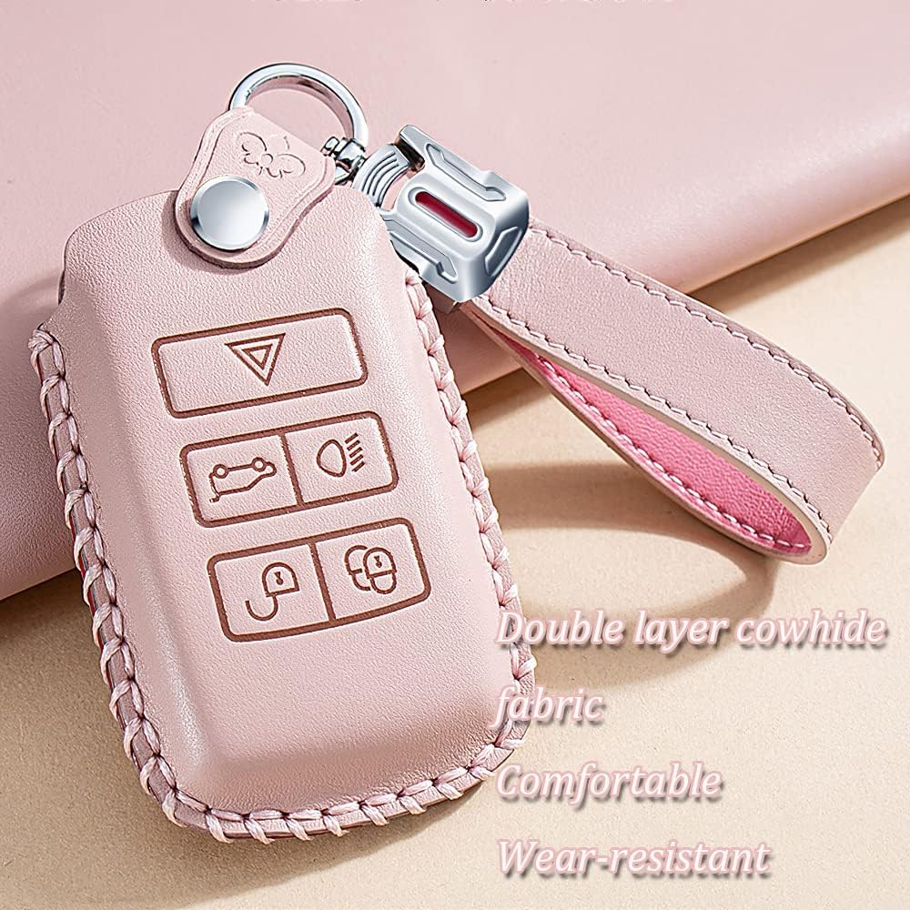 HIBEYO Luxury Leather Key Fob Cover for Land Rover Discovery Range Rover Vogue Jaguar E-PACE I-PACE Sport Car Key Holder with Keychains Accessories-Pink