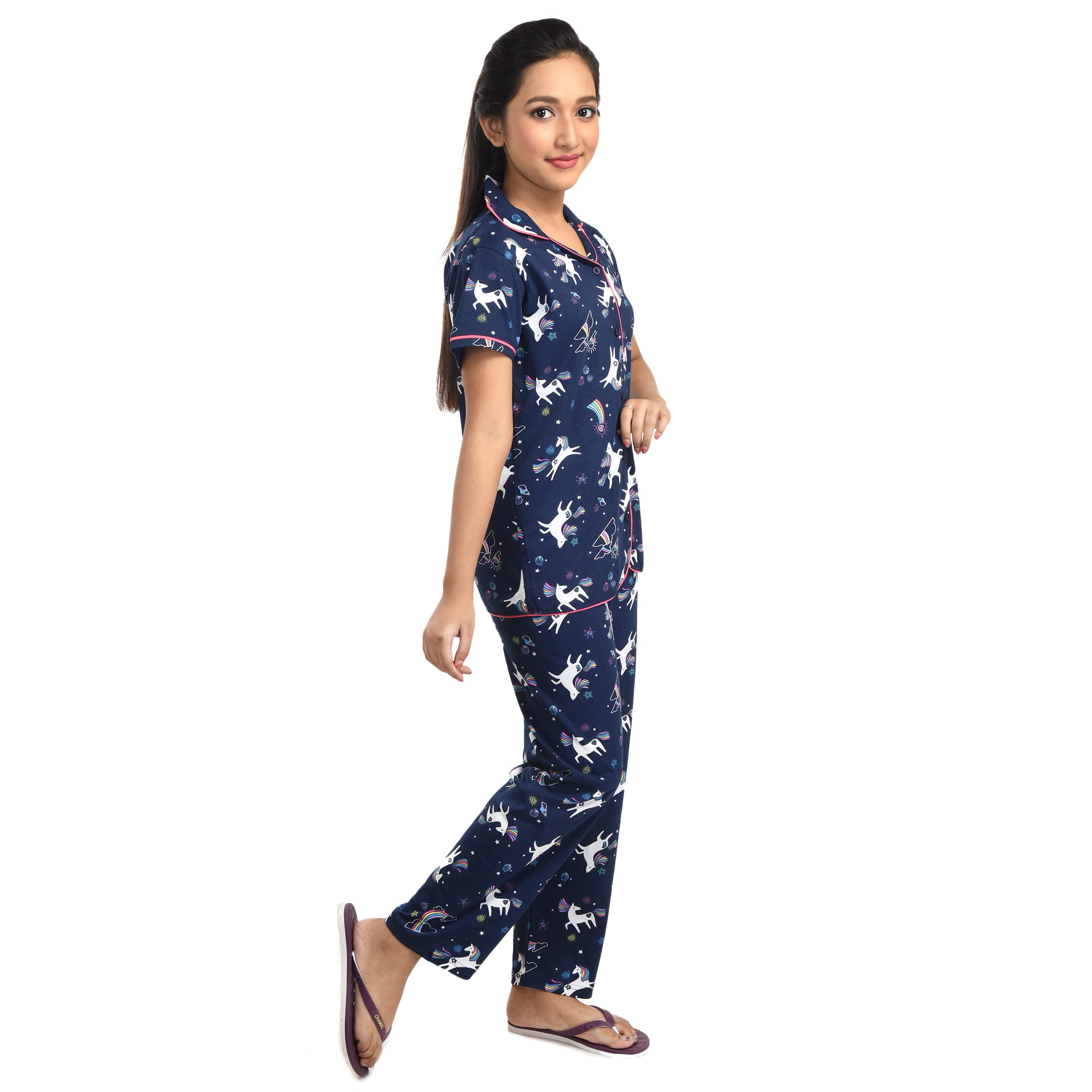 Clothe Funn Girls Cotton Nightsuit Set, Navy AOP, 11-12 Years 1