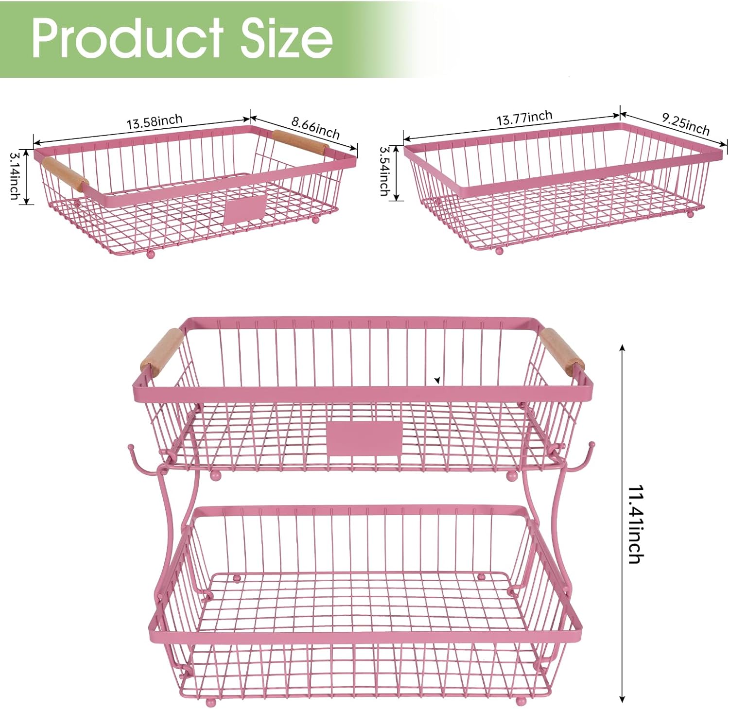 Fruit Basket Bowl 2 Tier Detachable with 2 Banana Hangers, Fruit Stand Holder for Kitchen Countertop, Metal Wire Vegetable Storage Organizer, for Bread Snack Veggies Produce, pink