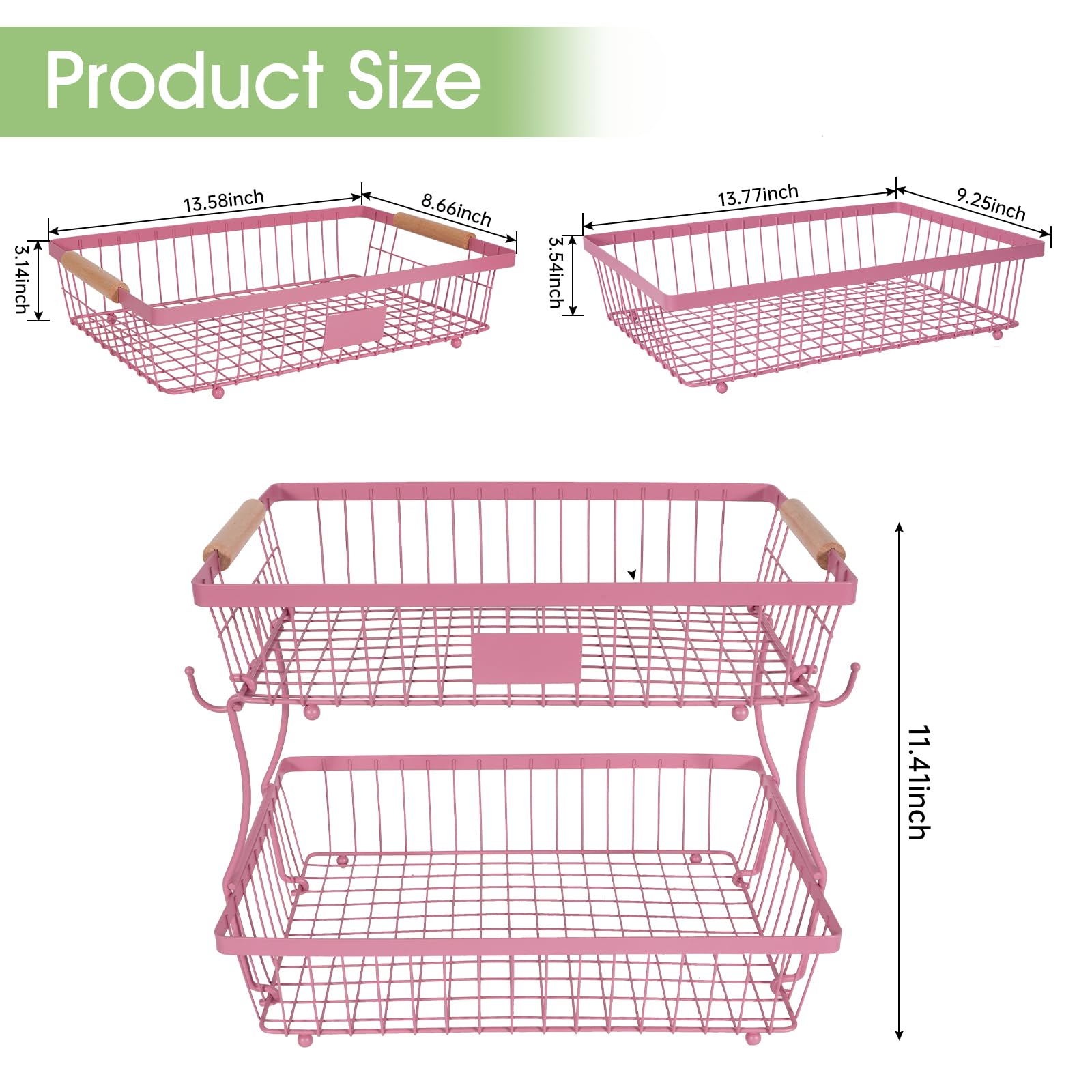 Obstkorb, Schüssel, 2 Etagen, abnehmbar, mit 2 Bananenaufhängern, Obstständer für Küchenarbeitsplatte, Metalldraht, Gemüseaufbewahrung, Organizer, für Brot, Snacks, Gemüse, Rosa