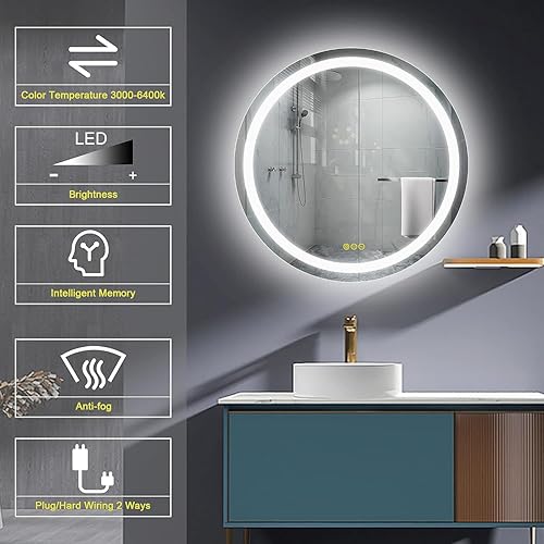 Miniatura 10 de OKISS Espejo de baño redondo iluminado de 24 pulgadas con luces, espejo LED antivaho inteligente para baño, espejo con luz regulable de 3 colores