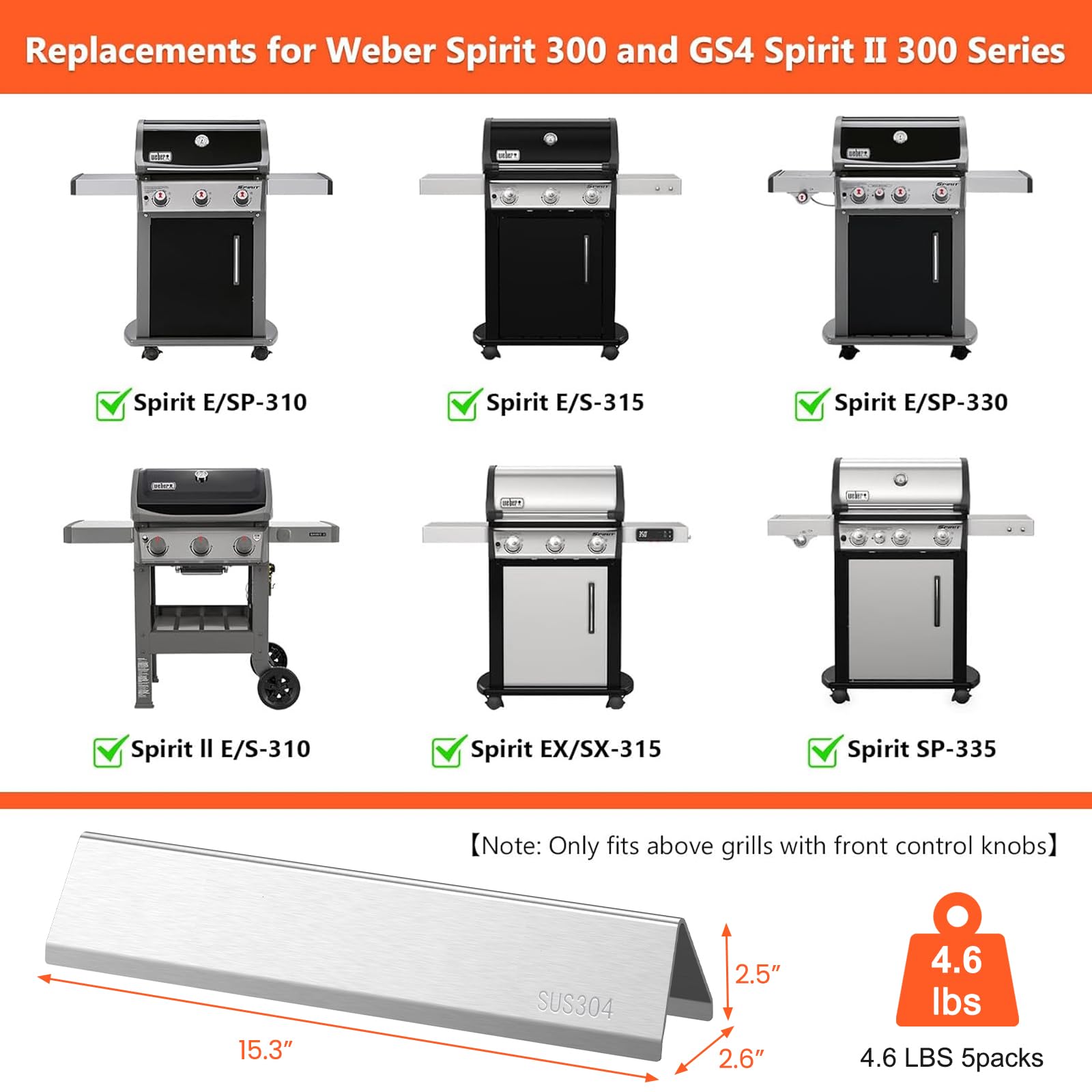 QuliMetal 7636 Barra Flavorizer 38,9 cm de Acero Inoxidable para Weber Spirit E-310, E-320, E-330, E-315 (2013–actualidad), GS4 Spirit II E-310, S-310 (Control Frontal), reemplazo Weber 7636