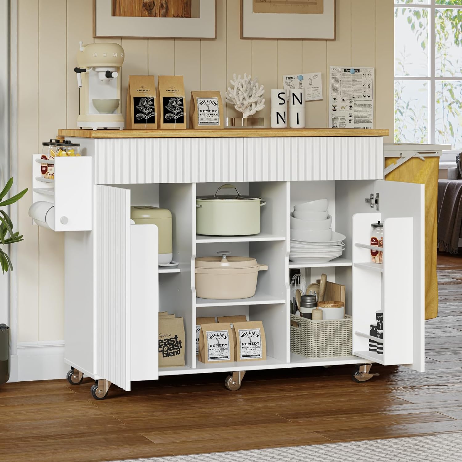 Kitchen Island with Storage, Rolling Kitchen Island on Wheel with Drop Leaf, Foldable Trash Bag, Spice Rack, Towel Bar, Storage Cabinet, Drawer, Kitchen Cart Island Table for Kitchen, White