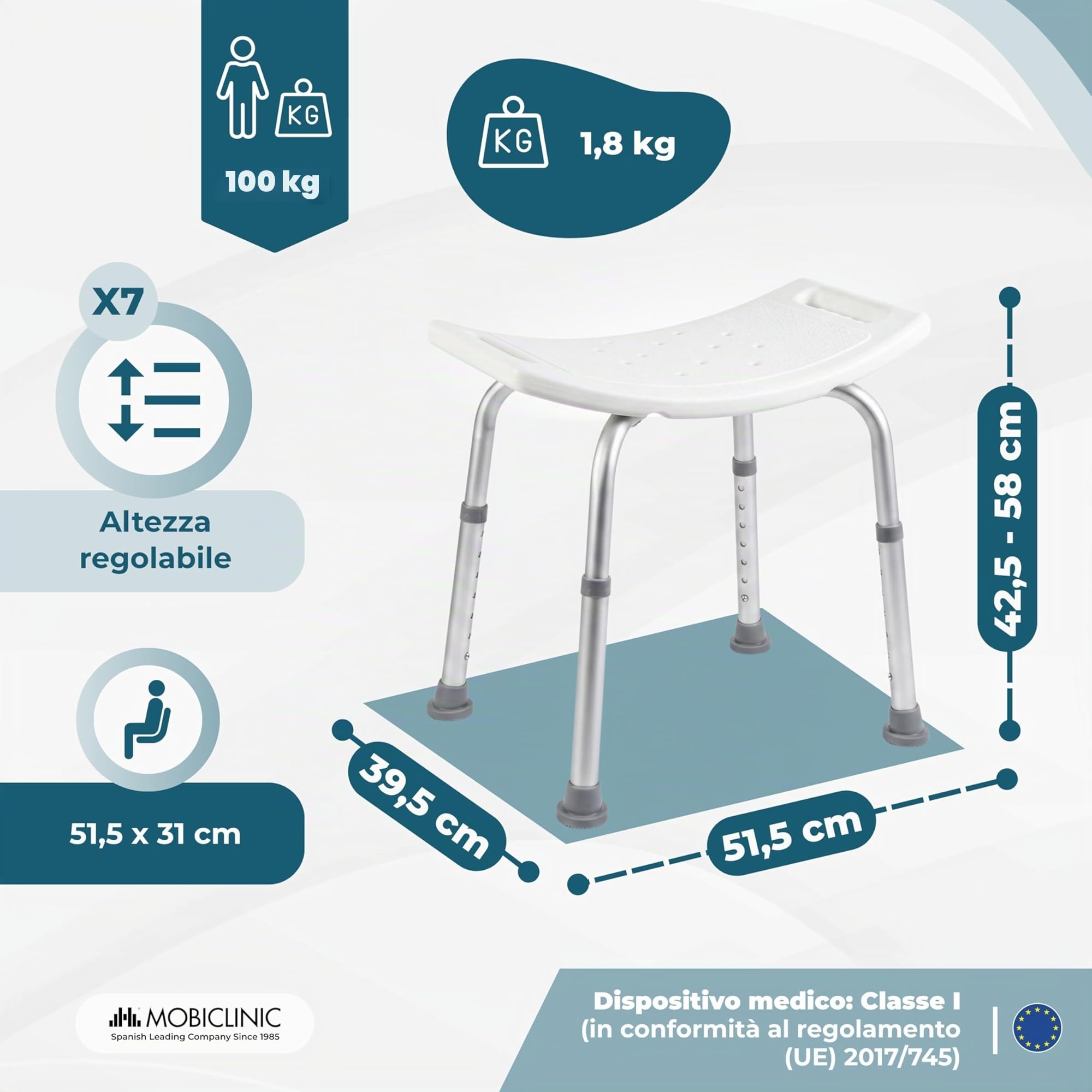 Mobiclinic®, Sgabello da Bagno, Piedini Antiscivolo, 7 Altezze Regolabili, Sedile a Forma di U, Fori di Drenaggio, Portata Massima 100 kg, Leggero, Facile da Montare, Alluminio, San Fermín
