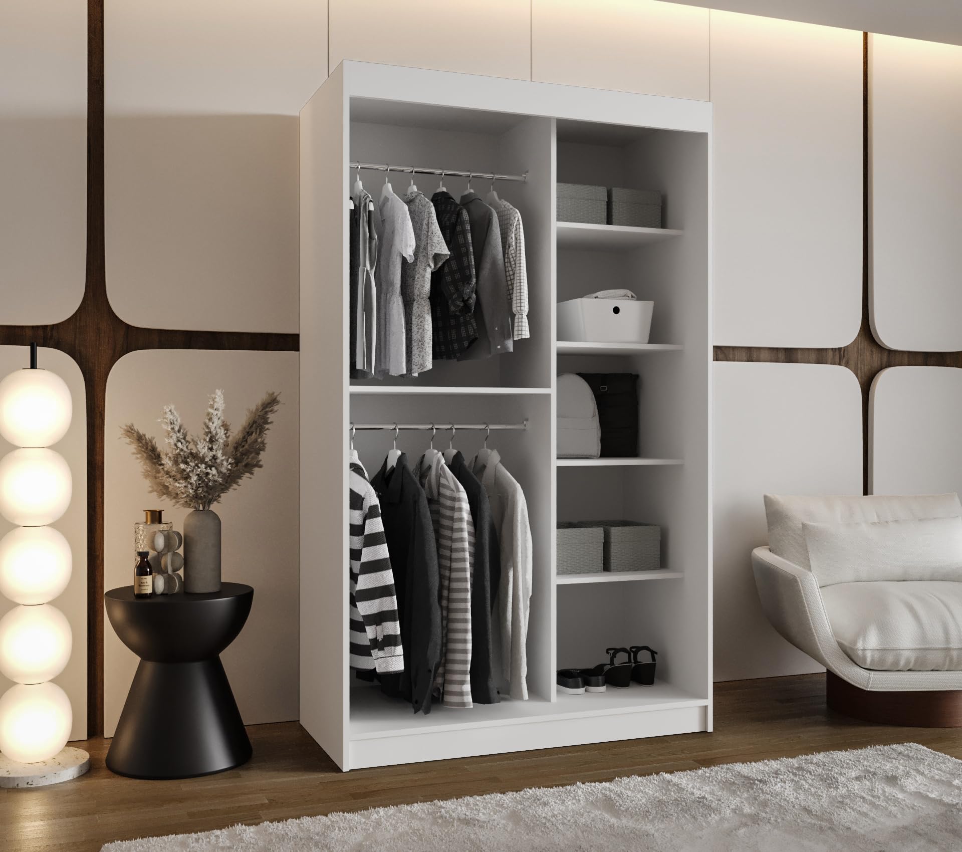MEBLE KRYSPOL SPOTI 120 Kleiderschrank mit Zwei Schiebetüren für Schlafzimmer – moderner Aufbewahrungsschrank mit Kleiderstange und Regalen – 120x200x62cm - Mattweiß