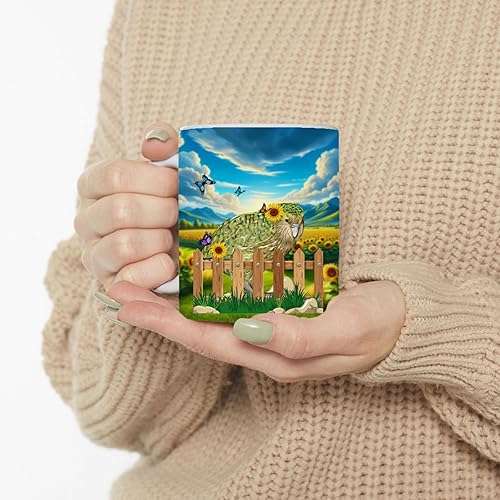 Miniatura 3 de Taza de café de cerámica blanca con diseño de valla con búho, loro Kakapo, pájaro, taza de té de cerámica blanca, 11 onzas, regalos para amantes de
