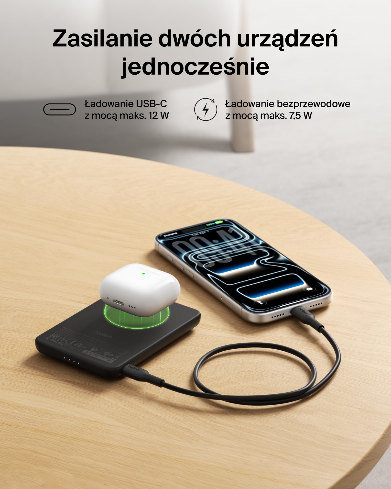 Belkin BoostCharge Magnetyczny Powerbank 5000mAh, Certyfikat Qi2, z Pierścieniem Magnetycznym i Portem USB-C, Smukła Ładowarka 15W do Urządzeń iPhone, Galaxy, Pixel – z Kablem USB-C – Czarny