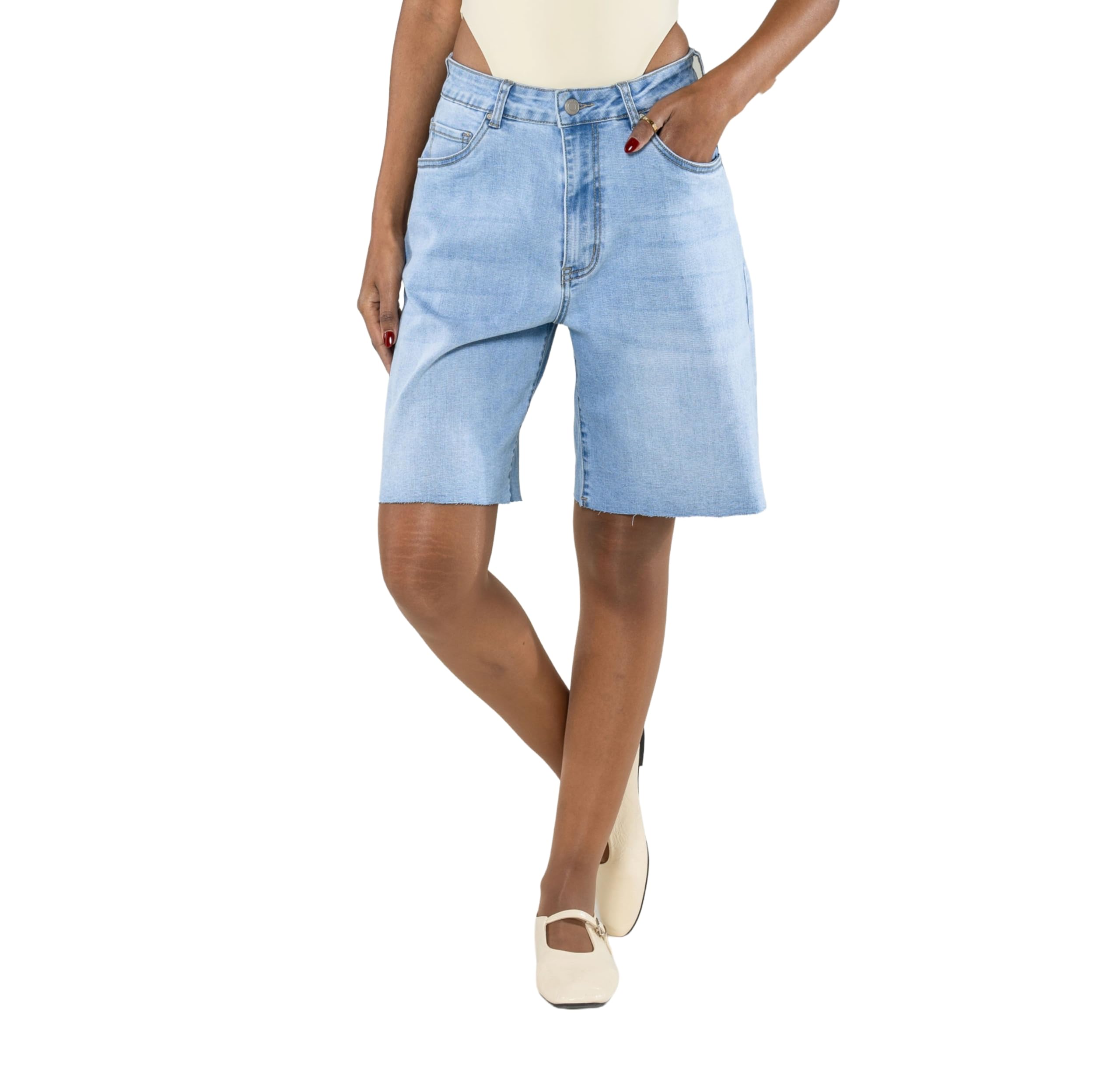 Nina Carter Pantaloncini in jeans da donna P619, lunghi bermuda in denim, taglio ampio, orlo sfilacciato, pantaloncini estivi elasticizzati, bermuda da donna