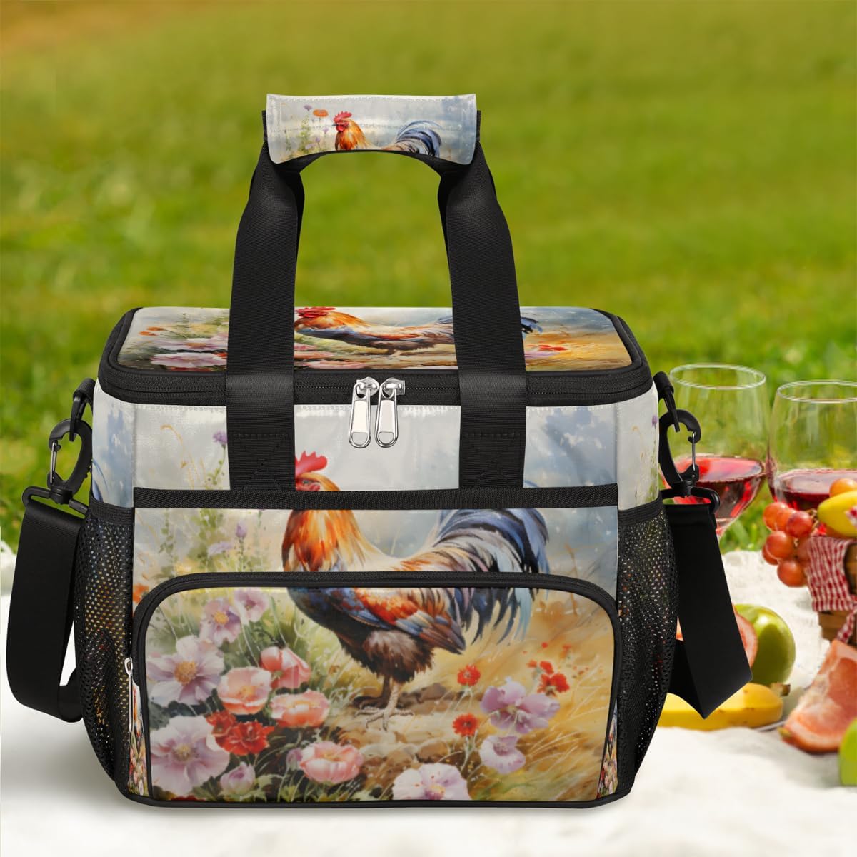 Watercolor Chicken Insulated Picnic Backpack Lunch Box for Women Men Picnic Basket Tote Lunch Bag Picnic Bag Portable Lunch Bags for Picnic, Beach, Work, Trip,Office, Camp Rooster Flowers